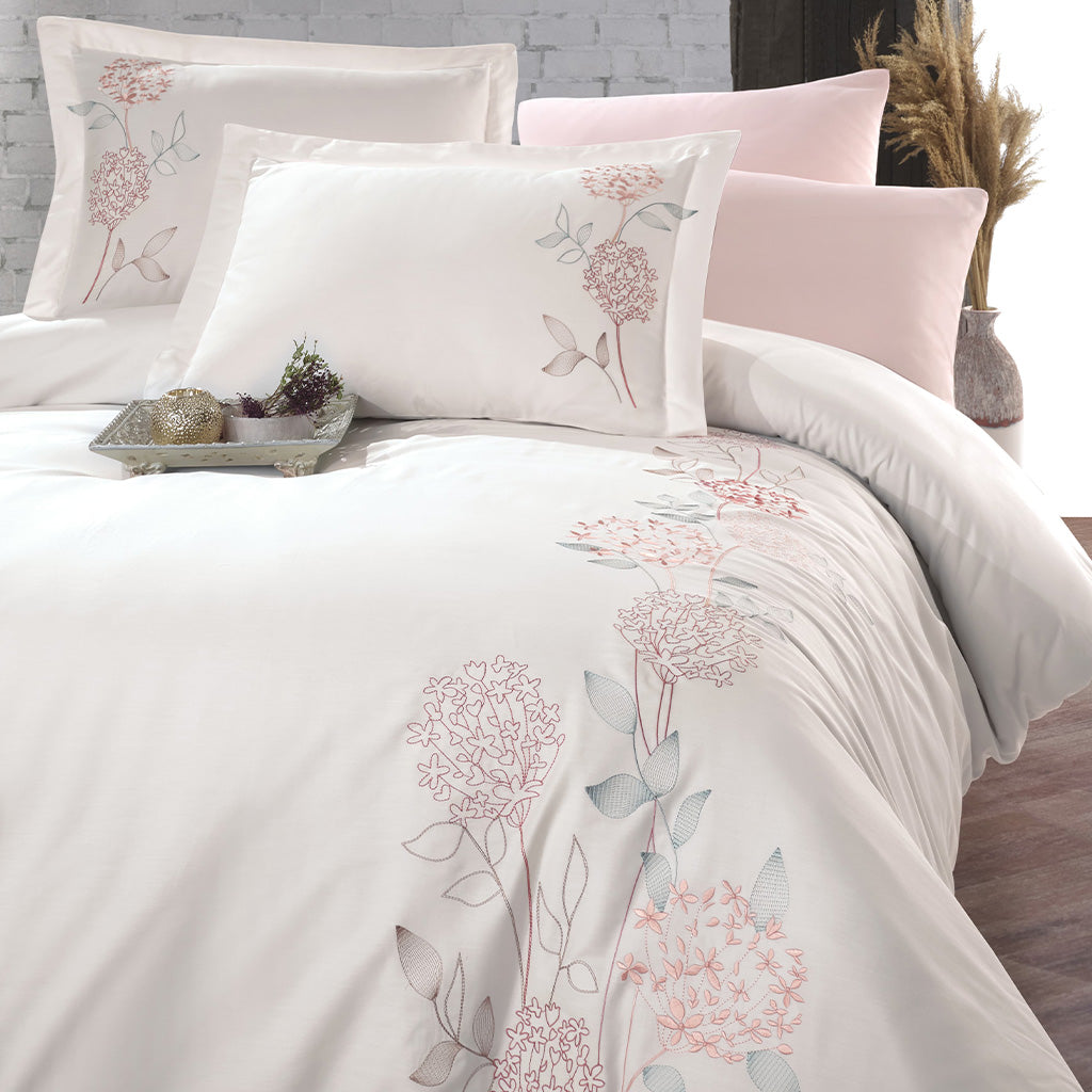 Close-up of Elegant Floral Patterns on Cotton Bed Linen Set in Cream Color – Adds a Stylish Touch to Your Bedroom